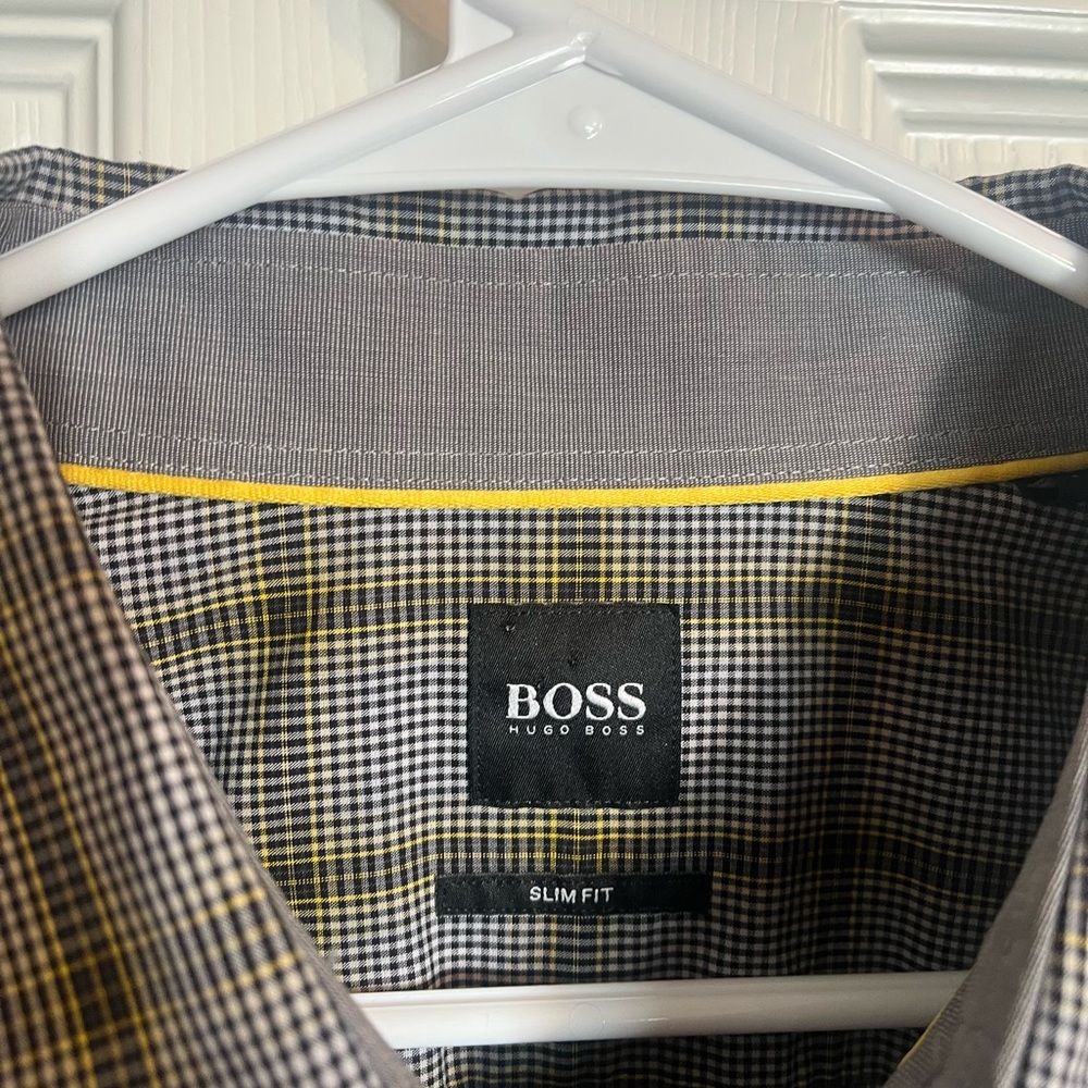 BOSS Hugo Boss Long Sleeve Button Down Sz Large Shirt Slim Fit Gray with Plaid - Picture 2 of 11